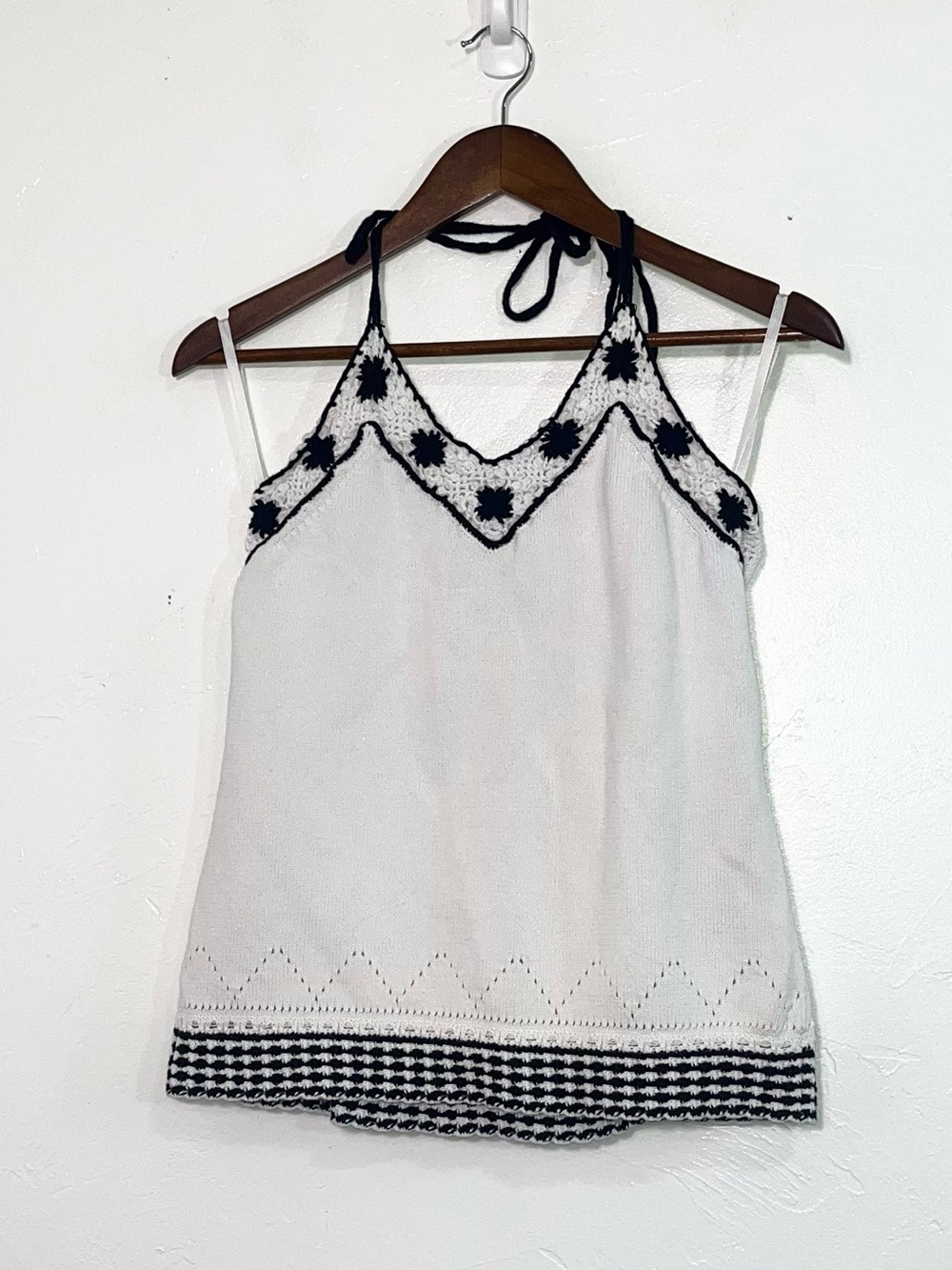 Ann Taylor Loft Crochet Trim Halter Top Black White Boho Tank Size M